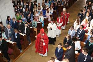 DekanatsFirmung Seitenstetten 2018 Einzug der Firmspender mit Frater Christoph und Ministranten.