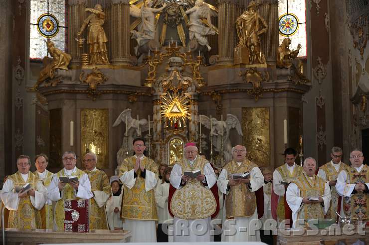 2014.06.15_09.28.23.jpg - Dechant Herbert Döller, P.Ernst Strachwitz, P.Dominik Riegeler, Abt Petrus Pilsinger, P.Franz Hörmann und zahlreiche andere Priester zelebrieren die Festmesse mit dem päpstlichen Nuntius Peter Stephan Zurbriggen (Mitte).
