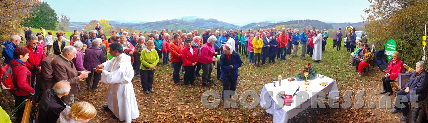 2017.10.26_11.38.41_r.jpg - Pfarrer Peter Yeddanapalli, Altpfarrer Anton Schuh und P.Biran Fernandes (Pfarrer von St.Michael in Steyr) spenden die Kommunion heimatliebenden Pilgern aus St.Peter, Weistrach, Kürnberg und Haag.