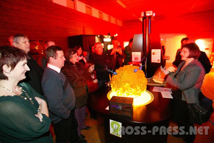 2009.01.11_16.16.11.JPG - Mag. Martina Kronthaler von der "aktion leben" fhrte durch die Ausstellung (hier vor dem Modell einer von Samenzellen "umworbenen" Eizelle).