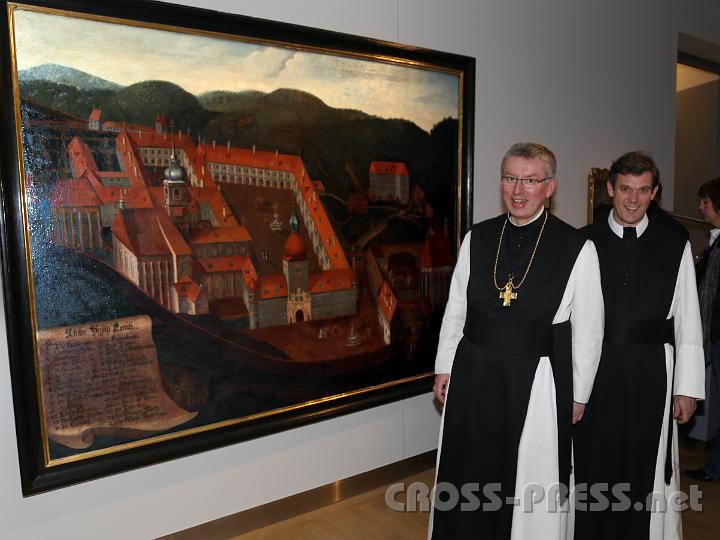 2013.02.23_17.15.19.jpg - Abt Maximilian Heim und ein Mitbruder vor der Ansicht ihres Klosters Heiligenkreuz, das vom heiligen Leopold vor fast 900 Jahren im Wienerwald gestiftet wurde und seitdem ununterbrochen existiert.   Gemalt um 1668/69 von unbekanntem Meister.